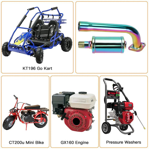 Beefed Up Colorful Exhaust Header Pipe Muffler With Heat Shield Tape Kit For Predator 212cc And 196cc Clones shown with go-kart and mini bike