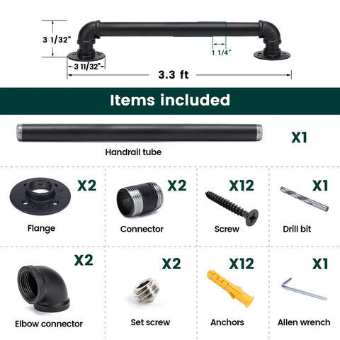 Image of items in 3.3ft Black Staircase Handrail Kit For Indoor Stairs Pipe Style Rail Bar Wall Mount Galvanized Steel Industrial Look 440Lbs Load Capacity Built To Last Durable Metal Rail, including handrail tube, flange, connector, screws, drill bit, elbow connectors, set screws, anchors, and an allen wrench.