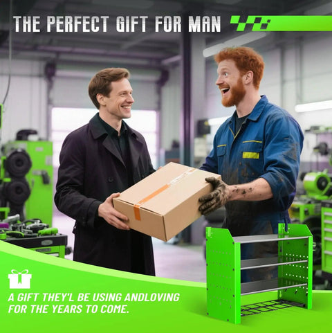 Two men exchanging a boxed Power Tool Organizer Wall Mount With Charging Station in a workshop, with tools in the background.