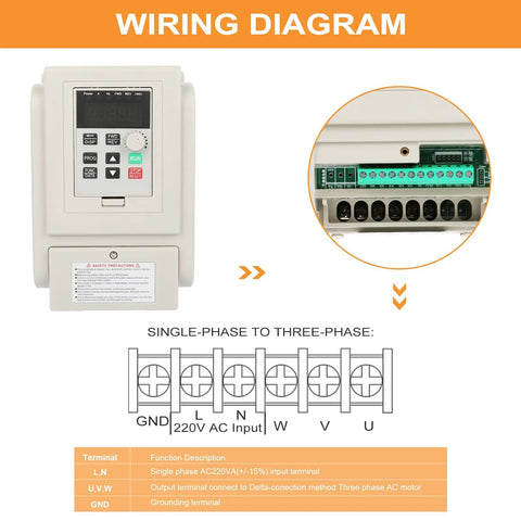 Wiring diagram for 2.2KW VFD Inverter Spindle Motor Speed Controller 220V 50 60 Hz 0-400 Hz Single Phase to Three Phase Converter