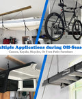 Heavy Duty Jeep Wrangler Hard Top Removal Lift Hoist With Self Levelling Design And Safety Anti-Drop Feature For Easy Roof Access And Secure Lifting Up To Two Hundred Pounds in use with kayaks and bicycles.