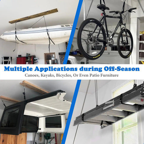 Heavy Duty Jeep Wrangler Hard Top Removal Lift Hoist With Self Levelling Design And Safety Anti-Drop Feature For Easy Roof Access And Secure Lifting Up To Two Hundred Pounds in use with kayaks and bicycles.