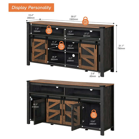 Dimensions of Farmhouse Buffet Cabinet With Sliding Barn Doors And Mesh Doors For A No Fuss Coffee Bar Setup, illustrated in diagram.