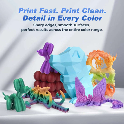 Colorful 3D printed models showcasing detail and precision, featuring Rapid PLA Filament 1.75mm Aurora Green 1kg Spool For 3D Printing Ultra Fast Up To 500 mm Per Second With Killer Print Quality And Tight Dimensional Tolerance 0.02mm.