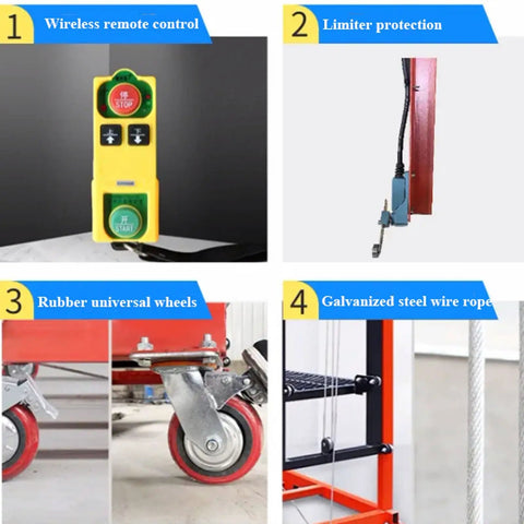Heavy Duty Electric Lift Cart With Wireless Remote Foldable Work Platform showing wireless remote, limiter protection, rubber wheels, and steel wire rope.