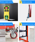 Heavy Duty Electric Lift Platform With Remote Control Foldable showing wireless remote, limiter protection, rubber wheels, and steel wire rope.