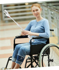 28 Inch Long Reach Grabber Tool Reacher Aid With Firm Grip And Nonslip Hold For Seniors And Pregnant Women Lightweight Plastic And Stainless Steel Pickup Tool For Kitchen Balcony And Home, woman in wheelchair holding it