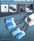 Heavy Duty Rechargeable Lithium Ion D Cell Batteries 4 Pack 1.5 Volt With Usb C Cable being charged using multiple charging methods.