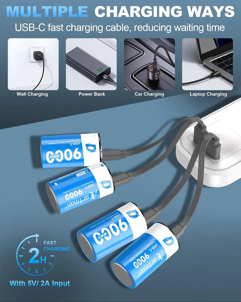 Heavy Duty Rechargeable Lithium Ion D Cell Batteries 4 Pack 1.5 Volt With Usb C Cable being charged using multiple charging methods.