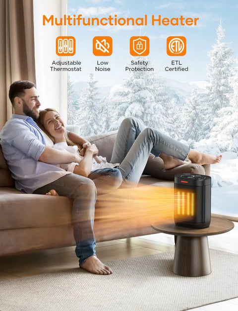 Couple relaxing in living room with 1000W Ceramic Space Heater With Thermostat No Fuss Mini Portable Electric Heater on table