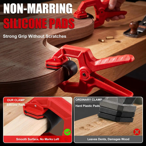 Eight Pack Edge Band Spring Clamps For Edge Banding And Woodworking Adjustable Clips with non-marring silicone pads on wood