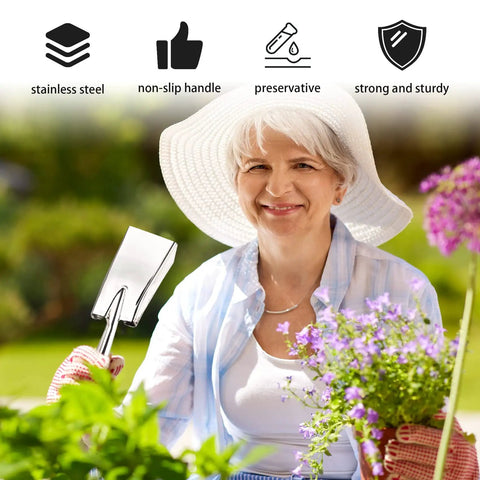 Woman using Stainless Steel Garden Shovel And Trowel Hand Tools Set For Transplanting Weeding Moving And Smoothing Digging And Planting