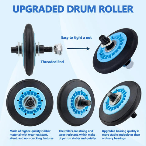 Front Load Dryer Roller Replacement Kit with Belt and Idler Pulley showing upgraded drum roller design for quiet stable drying.