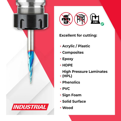 Carbide Up Cut Spiral CNC Router Bit With Ball Nose Tip For 2D And 3D Carving, 6.2 Degree Tapered Angle, product with cutting material list