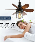 20 Inch Ceiling Fan With Light Socket And Remote, Vintage Industrial Socket Fan Light in bedroom setting, timer feature visible.