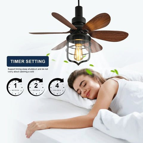 20 Inch Ceiling Fan With Light Socket And Remote, Vintage Industrial Socket Fan Light in bedroom setting, timer feature visible.