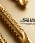 Ultra-sharp serrated design of Six Piece M35 Cobalt Drill Bit Set featuring 135 Degree Split Point and Fully Ground High Speed Steel.