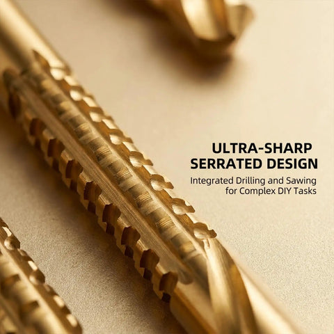 Ultra-sharp serrated design of Six Piece M35 Cobalt Drill Bit Set featuring 135 Degree Split Point and Fully Ground High Speed Steel.