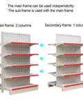 Heavy Duty Double Sided Four Tier Retail Display Rack Space Saving Commercial Shelving Unit For Grocery Stores Built Different With Multiple Steel Levels, showing main and secondary frames.
