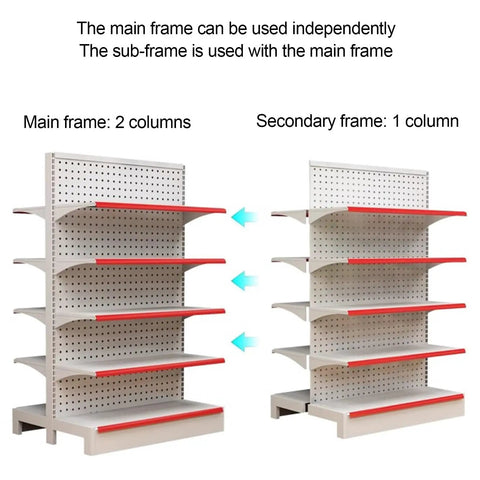 Heavy Duty Double Sided Four Tier Retail Display Rack Space Saving Commercial Shelving Unit For Grocery Stores Built Different With Multiple Steel Levels, showing main and secondary frames.