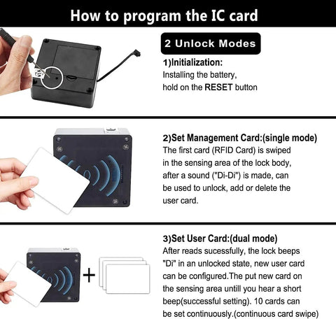 Programming guide for smart RFID cabinet lock with NFC, showing card initialization and unlock modes for wood cabinets.