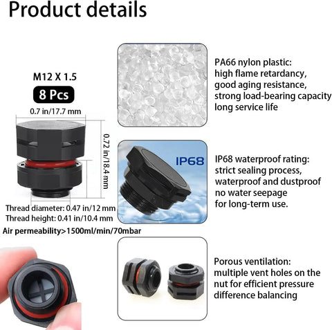 Eight Pack Black IP68 Waterproof Industrial Breather Vents With M12x1.5 Pressure Equalization Valves features and dimensions