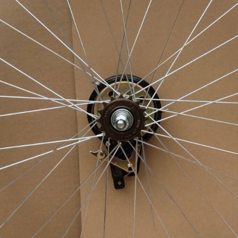 Slick Single Speed Rear Wheel Rim With Heavy Duty Aluminum Hub And Plug In Brake Assembly For No Sweat Bike Repair And Rock Solid Stopping Power Built To Roll All Week Long, view of hub and spokes.