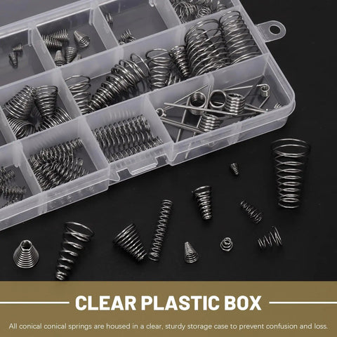 148 Piece Stainless Steel Conical Spring Set With 3 Styles And 15 Sizes in clear box for home repairs and DIY projects.