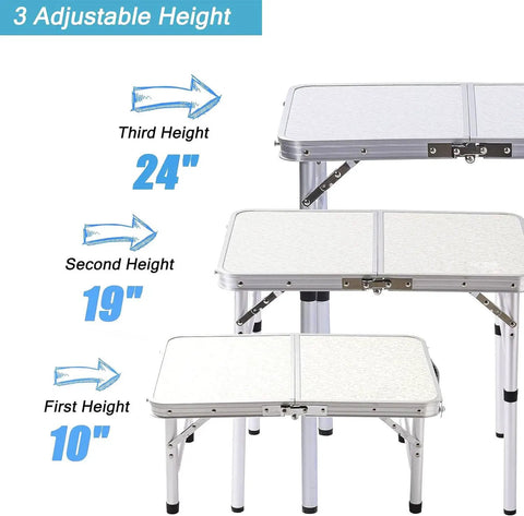 Portable Folding Camp Table 24 Inch By 16 Inch With Aluminum Frame Lightweight And Easy Setup Three Adjustable Heights 10 19 24 Inches Ideal For Camping Outdoor Cooking Picnics Tailgating And Everyday Use
