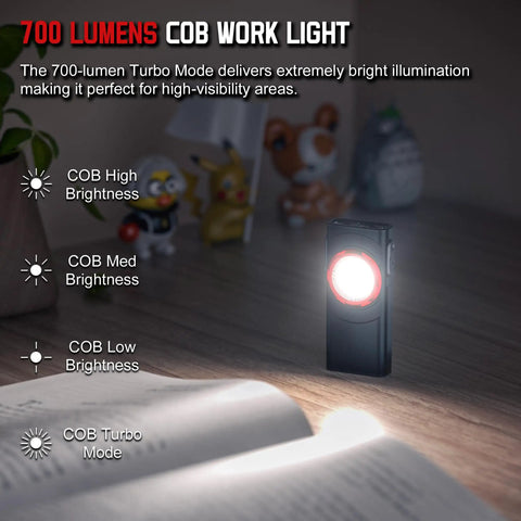 Clip On EDC Ready Rechargeable Pocket Light With 700 Lumen Dual Light Sources on a table, showing COB floodlight brightness modes.