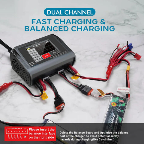 Dual RC Battery Charger With Touch Screen Beefy Power 200W AC Or 400W DC Fast Balance Charger and Discharger connected to RC battery