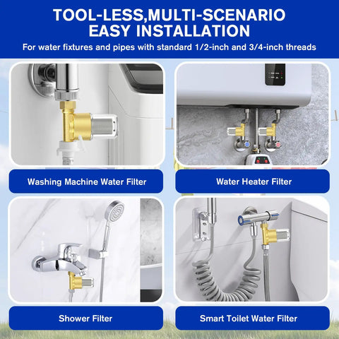 Bulletproof 40 Micron Brass Sediment Filter For Washers Reusable Water Strainer shown installed on a washing machine and shower.