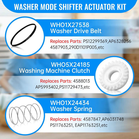 Image of Upgraded GE Washer Parts Kit with Mode Shifter Actuator, including belt, clutch, and spring, part numbers WHO1X27538, WHO5X24185, WHO1X24434.