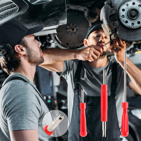 Mechanics using Ultimate Tire Valve Removal Kit with 20 Valve Cores and 10 Caps, 4-Way Valve Tool, Core Remover in garage