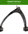Front view of black curved upper control arm with ball joint and bushings