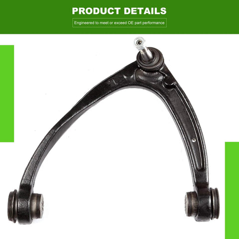Front view of black curved upper control arm with ball joint and bushings
