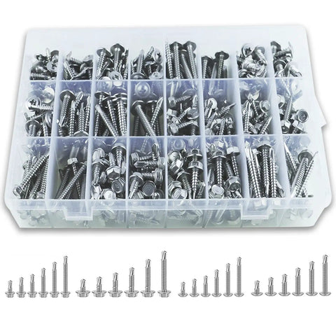 Bad Boys Self Drilling Screws Assortment Kit Packing 404 Pieces Of Tough Stainless Steel Tapping Fasteners, assorted sizes and styles in clear organizer.