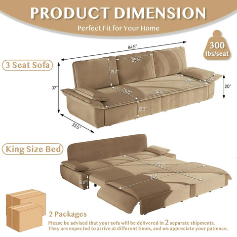 Dimensions of Cozy Corduroy 94.5 Inch Sleeper Sofa Bed 3 In 1 Convertible Couch King Size Pull Out Futon Sofa