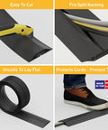 30ft Floor Cord Cover Linkable Cable Protector For Hiding Extension Cords And Preventing Trips, Heavy Duty Black PVC Cord Hider, Made In USA, displays easy cutting, pre-split backing, flat uncoiling, cord protection.
