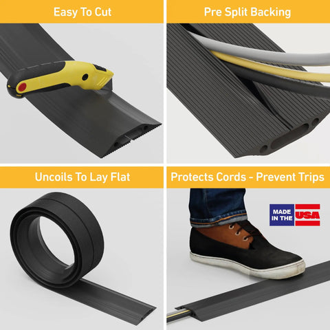 30ft Floor Cord Cover Linkable Cable Protector For Hiding Extension Cords And Preventing Trips, Heavy Duty Black PVC Cord Hider, Made In USA, displays easy cutting, pre-split backing, flat uncoiling, cord protection.
