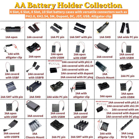 AA Battery Holder Collection with various configurations and connectors for versatile uses, including 1AA and 2AA options.