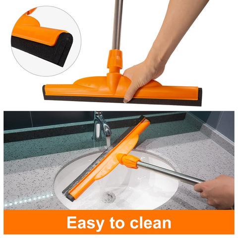 Heavy-Duty Floor Squeegee With 62-Inch Adjustable Handle And EVA Foam Blade cleaning water on countertop