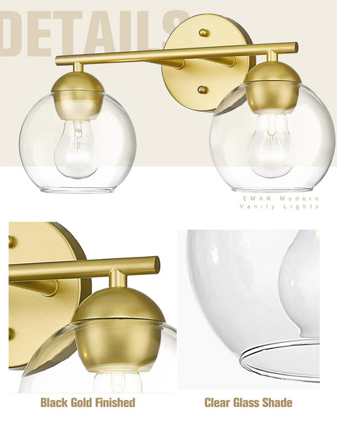 Gold Finish 2 Light Bathroom Vanity Light Over Mirror With Clear Glass Globe Shades, metal design visible, modern bath fixture