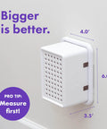 Extra Large Outlet Cover Box For Baby Proofing Bulky Plugs And Wide Adapters installed on wall, showing measurements.