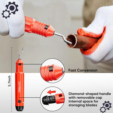 Ratcheting copper tubing cutter, red handheld tool, 5/16-1 1/8 inch range, with deburring blade