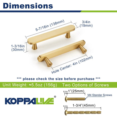 Smooth As Butter Solid Brass Cabinet Pulls 6 Pack Brushed Gold Drawer Handles dimensions with 4 inch hole center details.