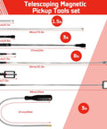 Six In One Magnetic Tool Set With Light And 8Lb Telescoping Pickup Tool showing tools and dimensions