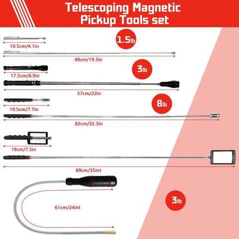 Six In One Magnetic Tool Set With Light And 8Lb Telescoping Pickup Tool showing tools and dimensions