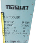 Packaging for Portable Evaporative Air Cooler Humidifier Fan 10 Liter Tank showing dimensions and specifications.