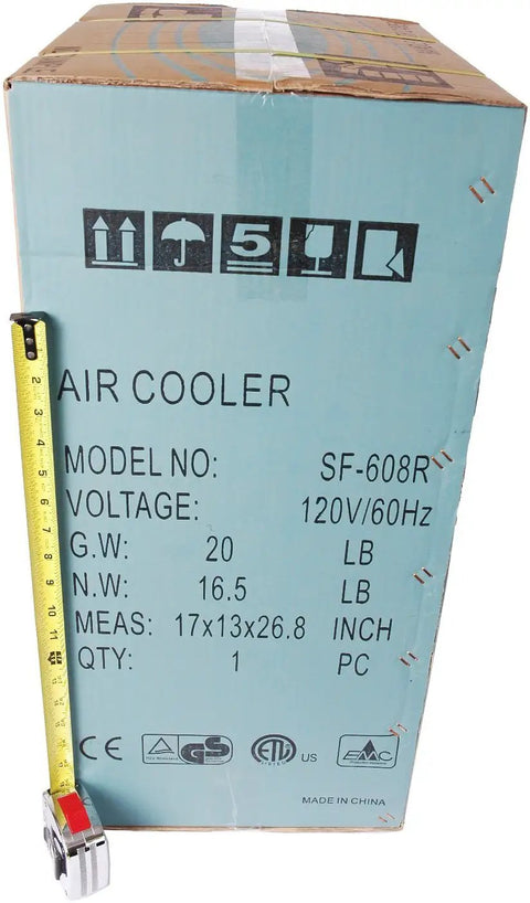Packaging for Portable Evaporative Air Cooler Humidifier Fan 10 Liter Tank showing dimensions and specifications.